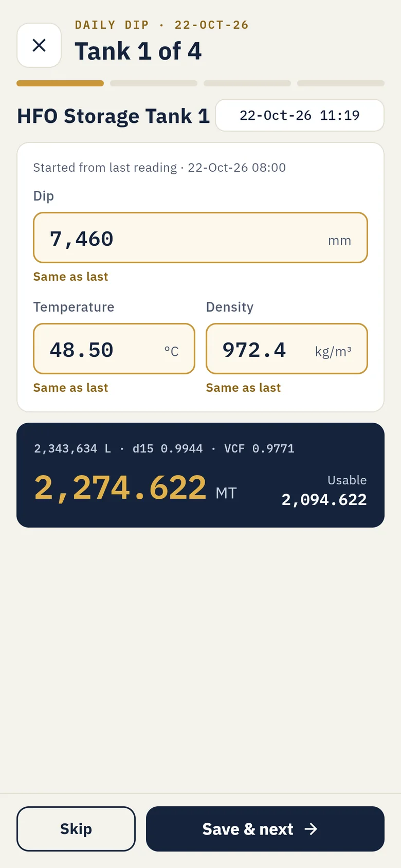 Daily dip screen: Tank 1 of 4, with dip, temperature and density filled in from the last reading