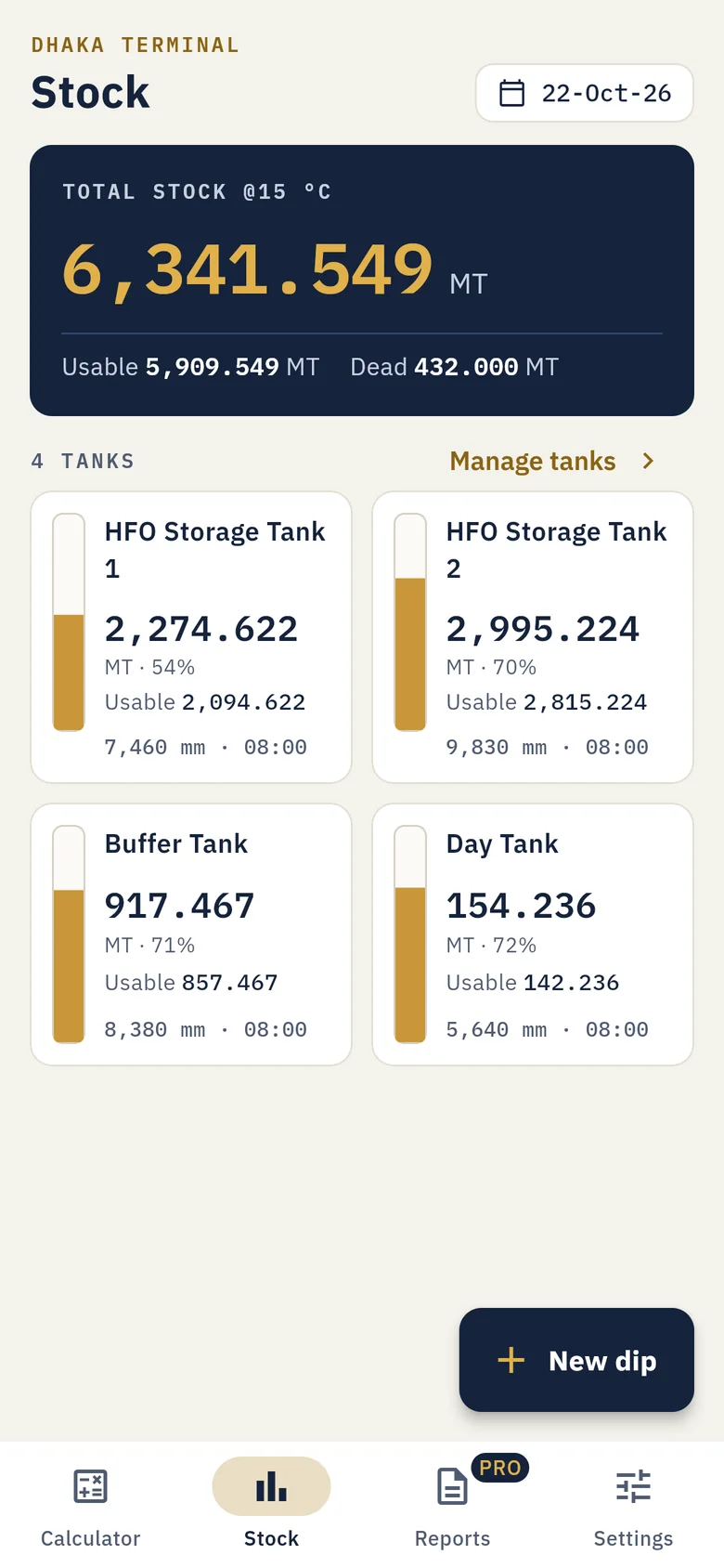 Stock screen: total stock 6,341.549 MT across four tanks, with usable and dead stock